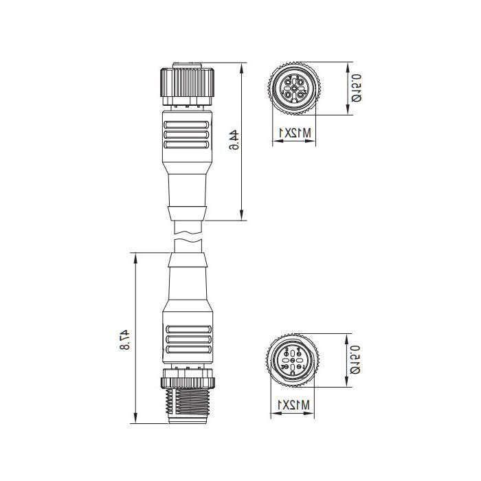 M12 4Pin, straight male head to straight female head, double end precast PVC non-flexible electrical缆、带屏蔽、红色护套、0C4281-XXX